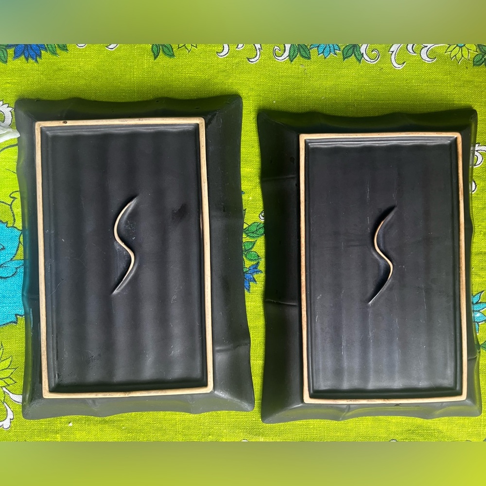 Blue Bamboo Patterned Sushi Plates Set of 2 | Crackle Glaze 9” x 6” - Picture 2 of 4